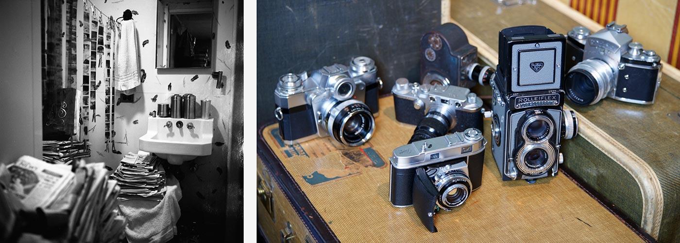 Left: Vivian Maier's bathroom doubled as a darkroom. Right: Some of Vivian Maier's various cameras